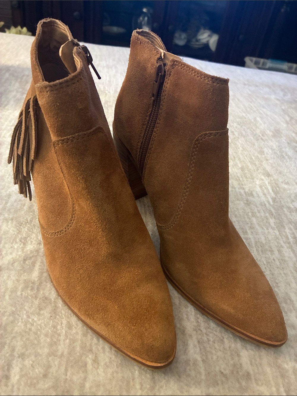 Lucky Brand Tan Suede Ankle Boots with Tassel Zip